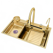 Premium Gold 304 Edelstahl - Wasserspiel - Küchenspüle mit Gourmet - Armatur und Geschirrabtropfer - Große Einzelbecken mit Schlitz