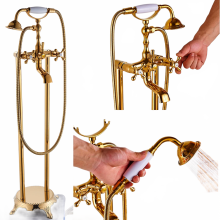 Uythner Gold Freestanding Tub Faucet Set with Dual Handles and Handshower