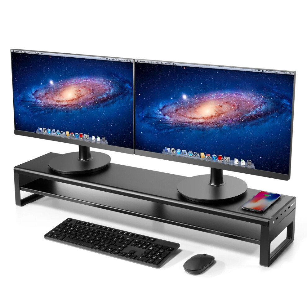 Space-Saving Aluminum Dual Monitor Stand with Wireless Charging & 4 USB 3.0 Ports