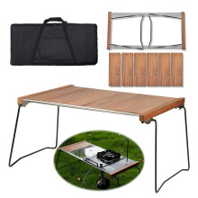 Compact houten 3-Delige campingtafel met roestvrijstalen bovenkant - lichtgewicht, inklapbaar ontwerp voor outdoor picknick- en visavonturen