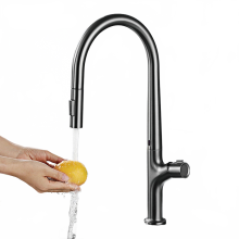 Sleek Gun Gray Intelligent Brass Kitchen Faucet with Induction Design - Pull-Out Single Handle, Dual Control for Hot & Cold Water, 2-Functio