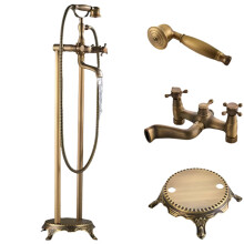 Eleganter antiker Messing - Freistehender Badewannenmischer mit Doppelgriff & Handbrause
