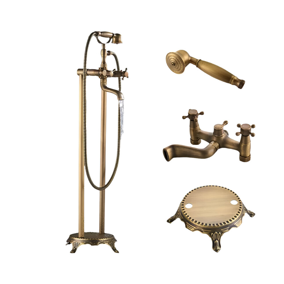 Elegant Antique Brass Freestanding Bathtub Mixer Tap With Dual Handles & Handshower 7445026992923