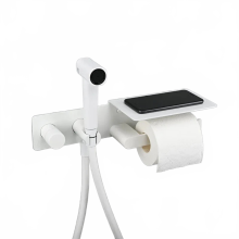 Compact Brass Bidet Sprayer with Paper Shelf - Concealed Toilet Faucet & Single Handle Shattaf Mixer