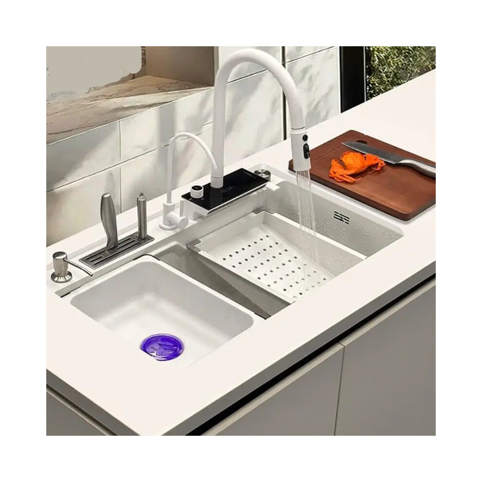 Multifunctional White Stainless Steel Kitchen Sink With Waterfall Faucet And Integrated Dish Drainer 744110337037