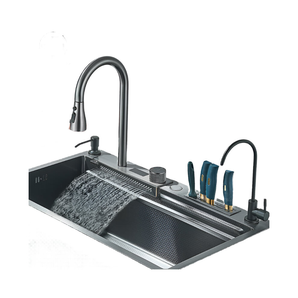 Premium 304 Stainless Steel Waterfall Kitchen Sink Set With Digital Display Faucet, Soap Dispenser & Knife Board 313049171199