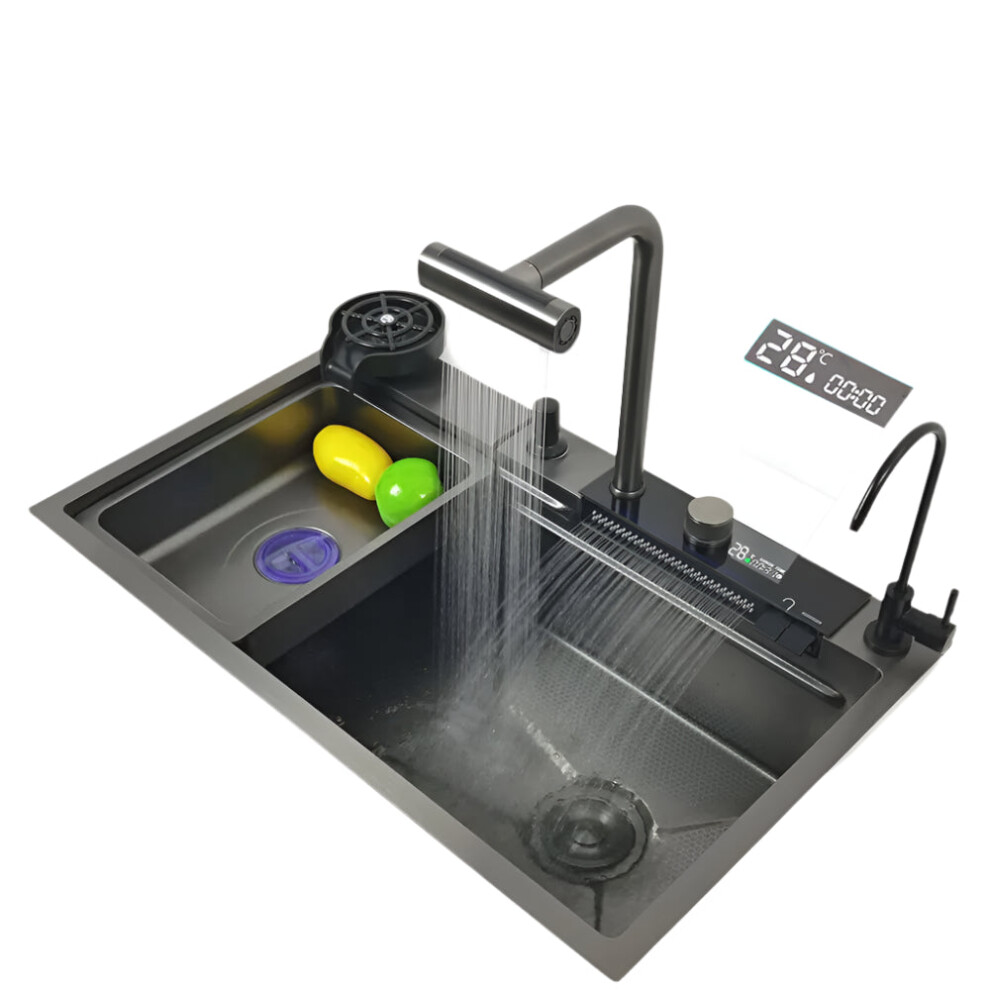 Led Waterfall Kitchen Sink With 4-Mode Faucet & Large Single Basin - Honeycomb Anti-Scratch Nano Technology, 304 Stainless Steel 7445008338305