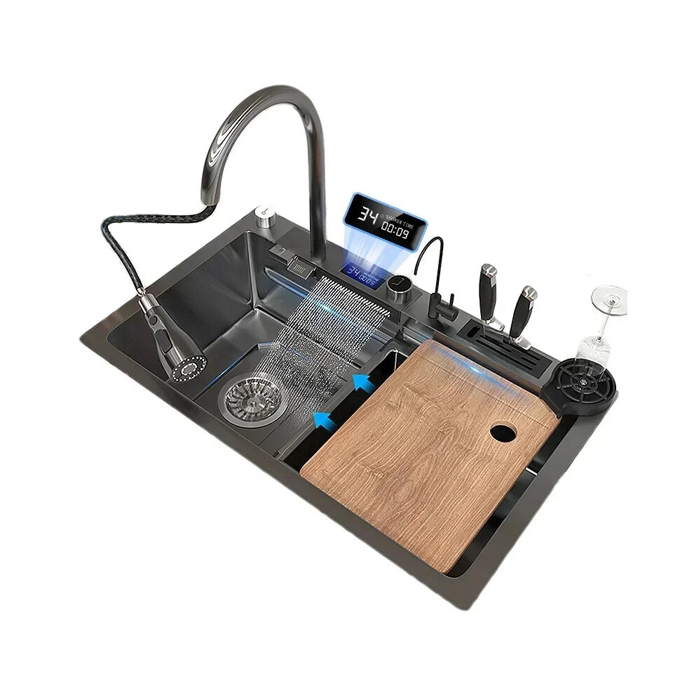 Flying Rain Digital Display Waterfall Kitchen Sink With Pull-Down Sprayhead Faucet - Left Drainage Single Bowl Design 726084107915