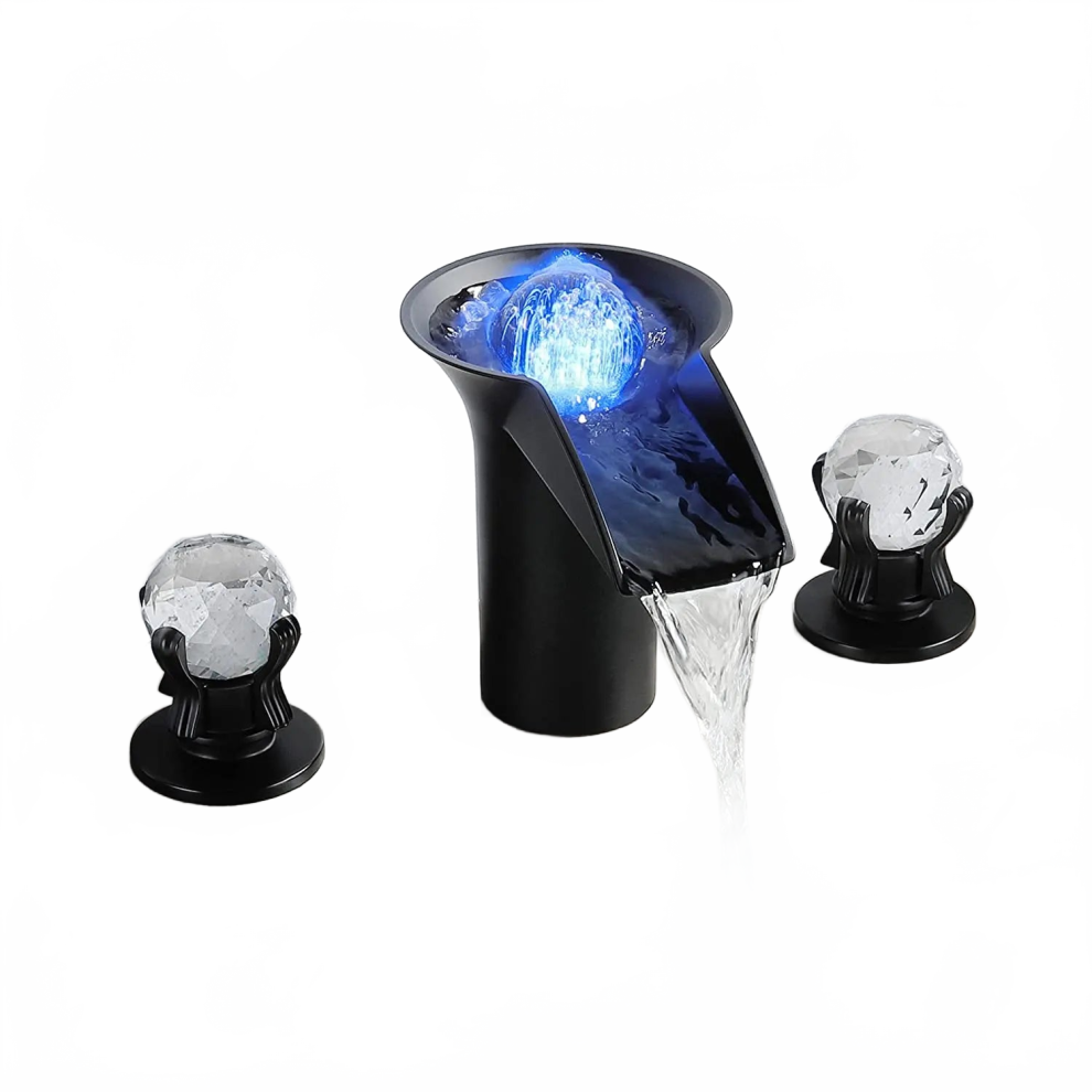 Luxurious Black Led Waterfall Bathroom Sink Faucet With Dual Crystal Knobs 726084034051