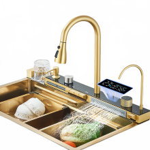 Luxurious Golden Smart Kitchen Sink Set with Digital Display, Temperature Control, Waterfall Faucet, Water Purifier, Soap Dispenser, and Cup