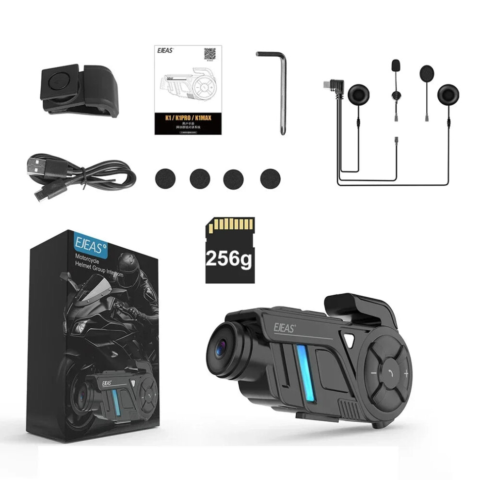 K1 Pro Motorcycle Intercom & Helmet Dash Cam With Bluetooth Headsets - Hands-Free Communicator & 2K Hd Video Recorder Interphone 726084289048
