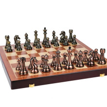 Deluxe 52cm Folding Wooden Chess Set with Bronze Metal Pieces - Perfect Family Board Game