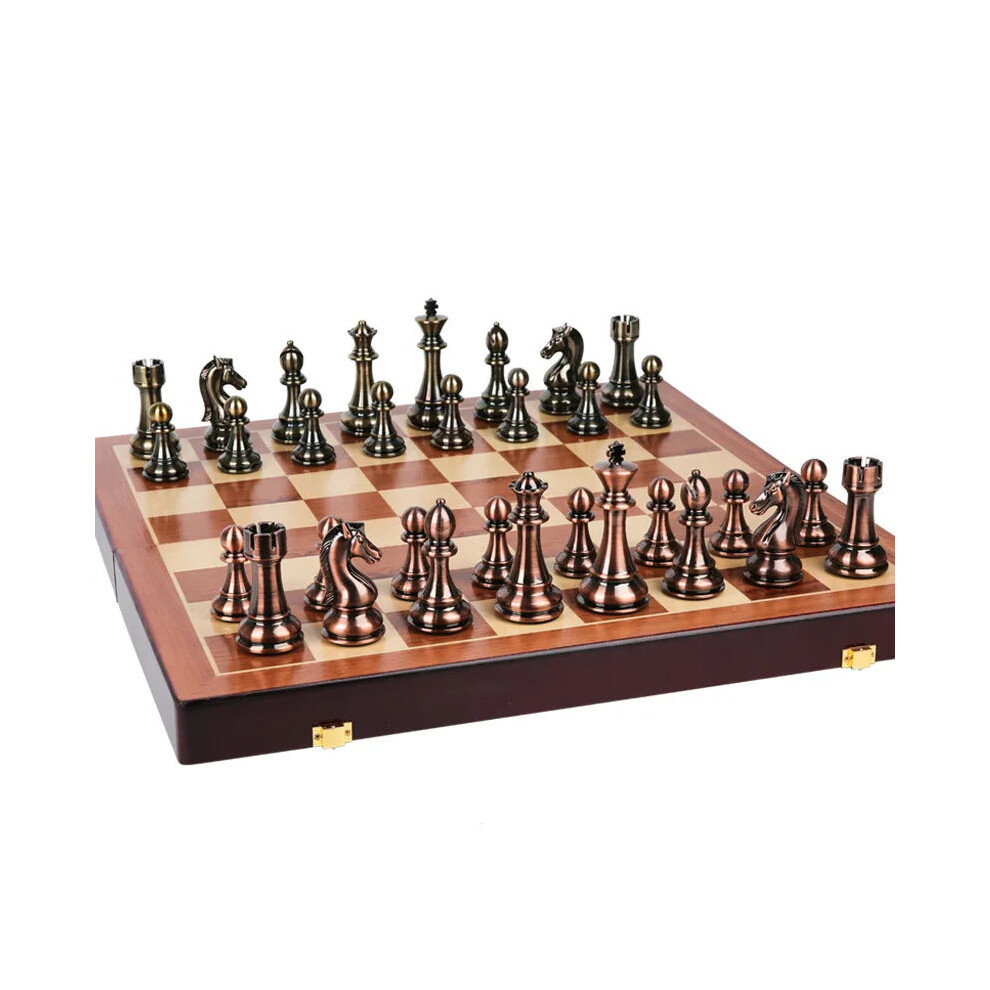 Deluxe 52cm Folding Wooden Chess Set with Bronze Metal Pieces - Perfect Family Board Game-image-OPC-PHQ2K7S-NEW