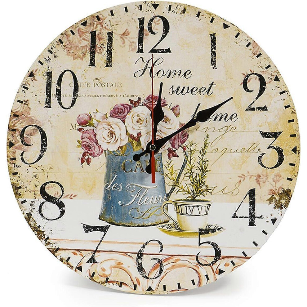 (As show, One size) Home 34cm Silent Wooden Round Wall Clock Vintage Rustic Chic Style Arabic Numerals Wooden Round Decorative Wall Clock (Victor Hugo