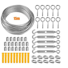 (As show, One size) (15m) 304 Stainless Steel Rope Hanging Kit, Nylon Coated Stainless Steel Cable, PVC Steel Cable Tensioner, for Tent Rope, Clothesline, Outdoor Chandel
