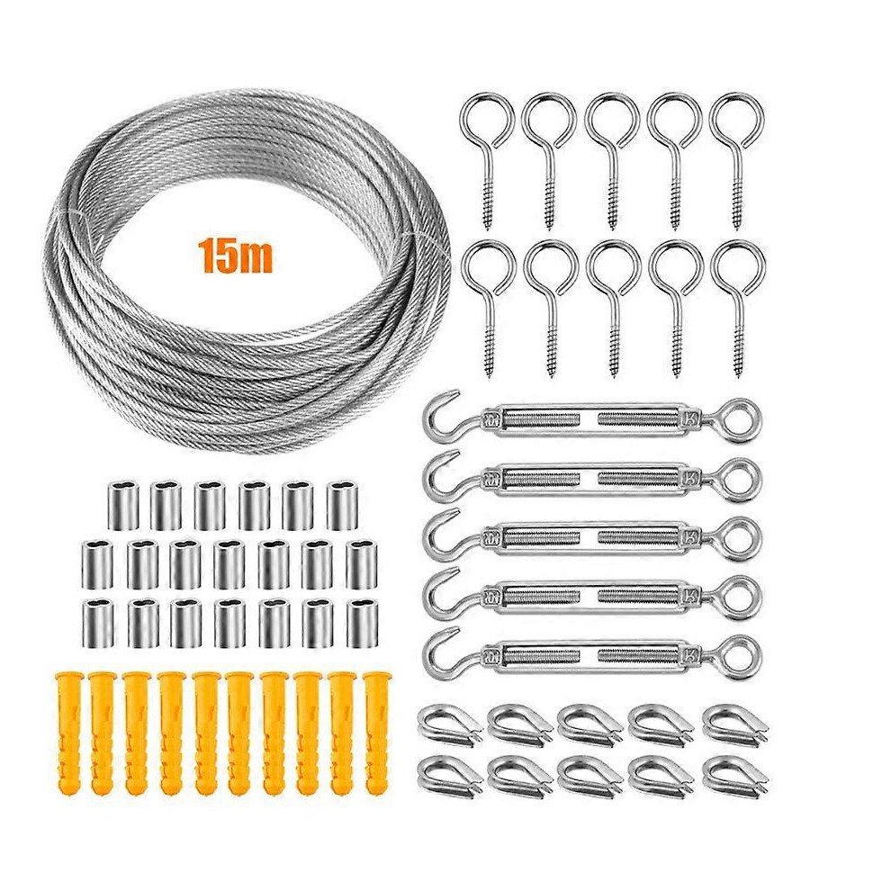 (As show, One size) (15m) 304 Stainless Steel Rope Hanging Kit, Nylon Coated Stainless Steel Cable, PVC Steel Cable Tensioner, for Tent Rope, Clothesline, Outdoor Chandel