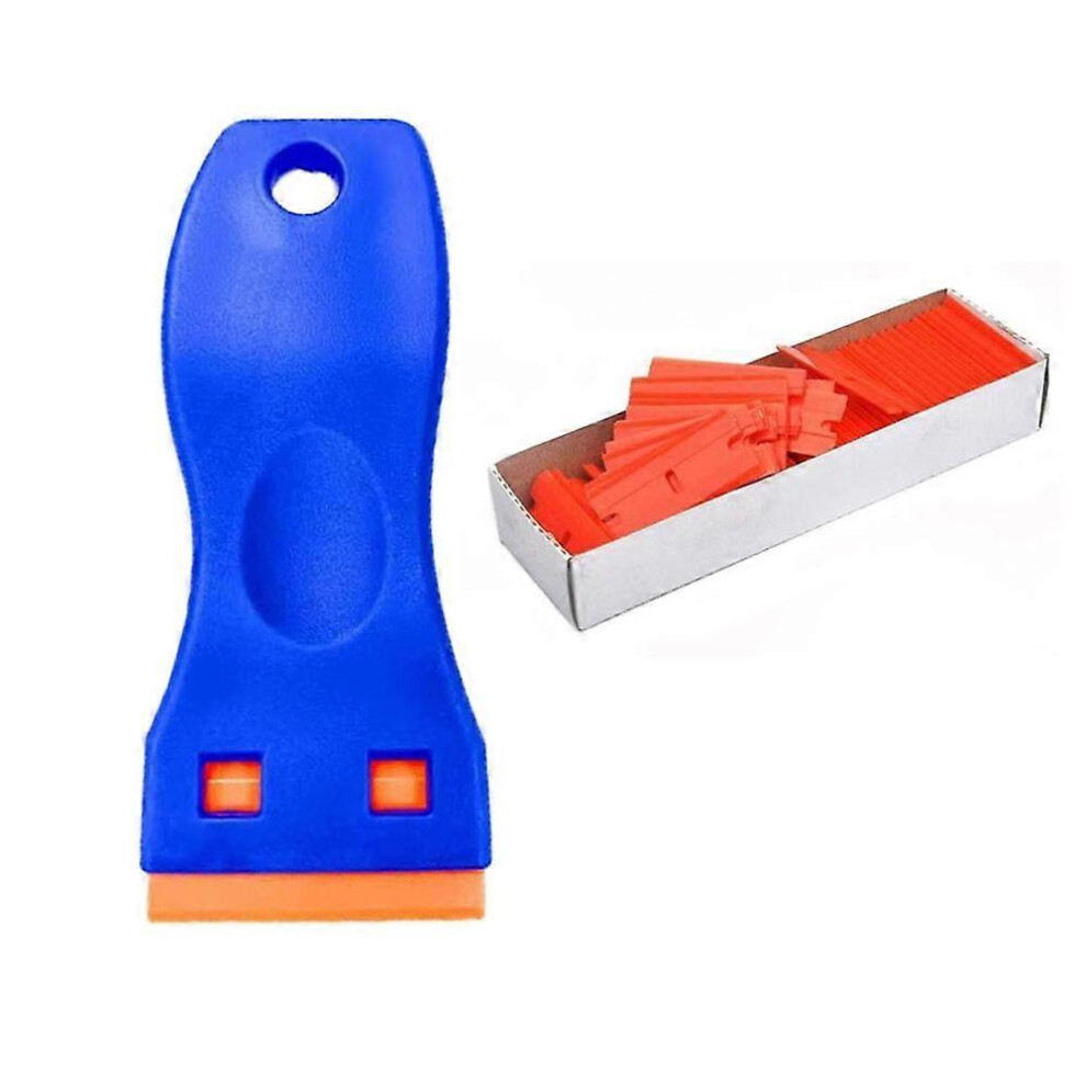 (As Show, One Size) 1 Mini Plastic Scraper With 100 Plastic Blades, Plastic Scraper, Adhesive Residue Remover For Removing Window Stickers Car Decals, Blue/Orange