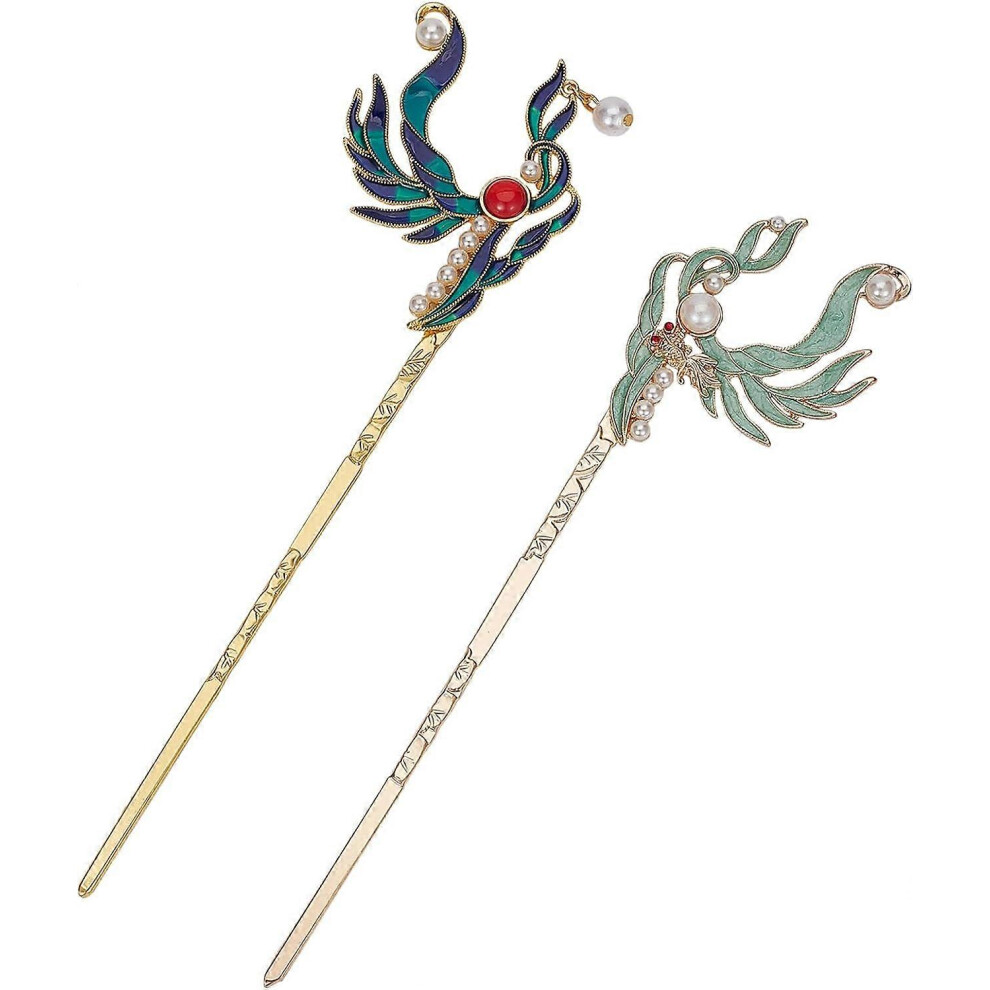 (As Show, One Size) 2 Chinese Vintage Hair Stick, Hanfu Rhinestone Metal Hair Stick Forks, Crystal Pearl Hair Chopsticks Traditional Wedding Aesthetic White