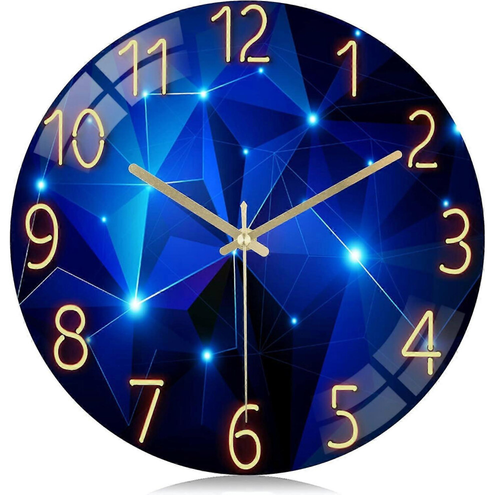 (As show, One size) 12 Inch Silent Non-Ticking Glass Blue Wall Clock for Living Room Decor, Modern Kitchen Wall Clock Battery Operated Bedroom Home Office