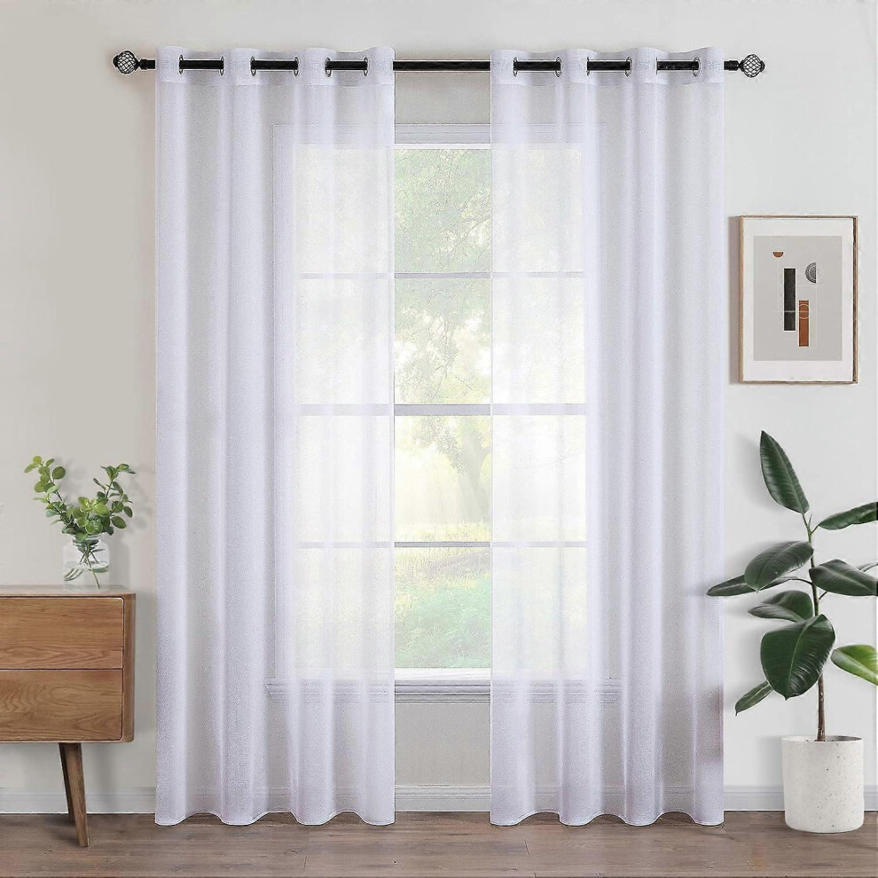 (As Show, One Size) 150X250cm Set Of 2 Eyelet Sheer Curtains Semi-Transparent Interior Curtain For Bedroom Living Room Home White