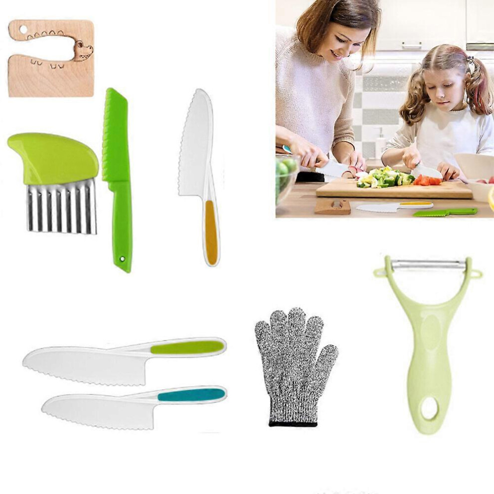 (Set of 8, One size) Children's Kitchen Knives - For Cutting and Cooking Fruits or Vegetables - Includes Wooden Knife, Cutting Board and Peeling