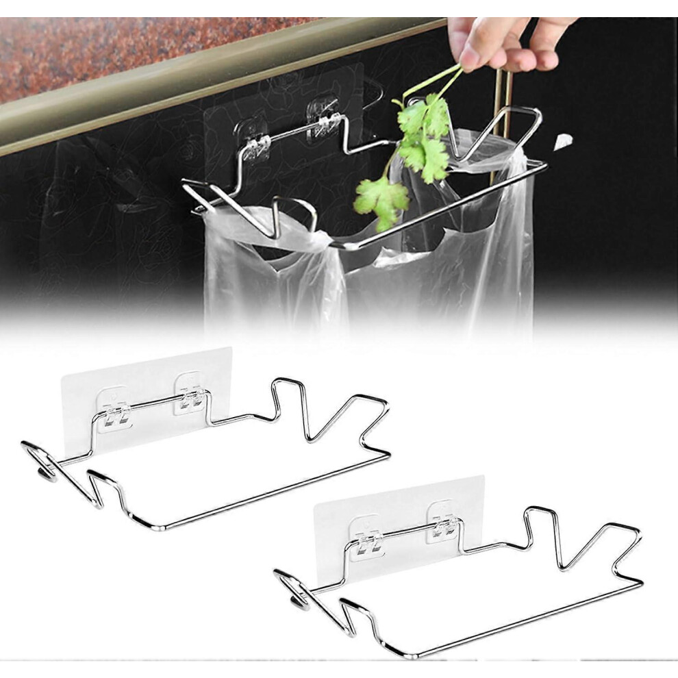(As show, One size) Trash Bag Holder 2 Pieces (with Wall Stickers), Garbage Bag Holder for Kitchen, Stainless Steel Trash Bag Holder, Hanging Trash Bag Holder