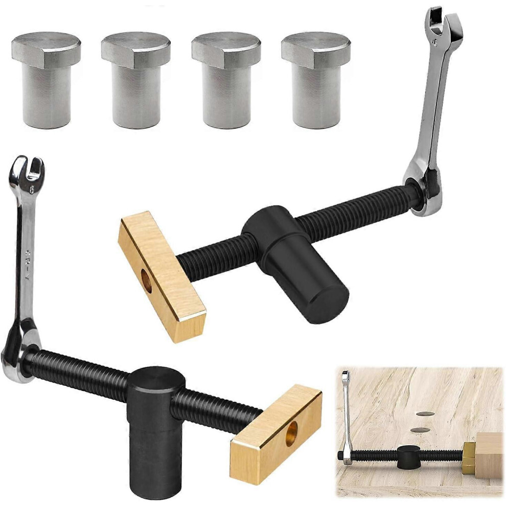 (As show, One size) 2 Pieces Black Woodworking Desk Clamps, 20mm Auxiliary Bench Woodworking Table Positioning Vise, with 4 Bench Dog, for 20mm Hole Bench Carpentry (Blac