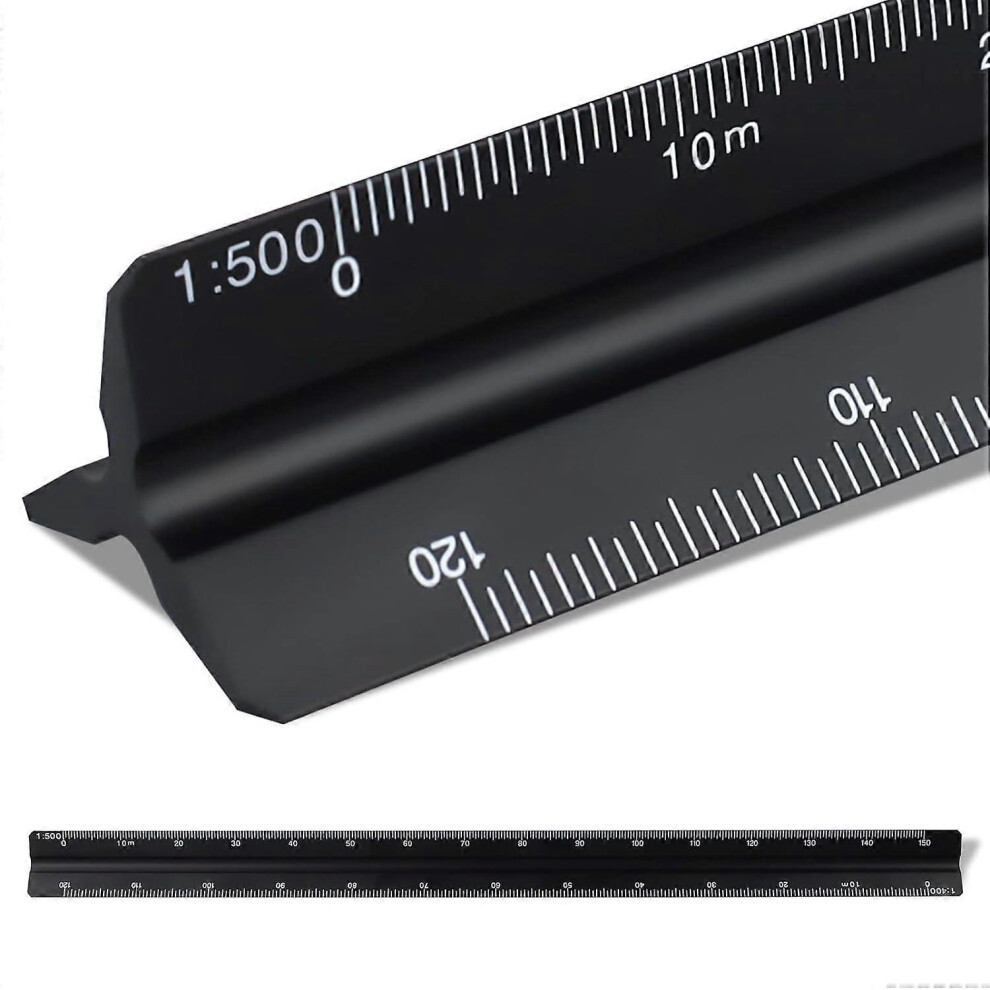 (As show, One size) 30cm Scale Ruler, Metal Triangular Ruler for Architects 1:100, 1:200, 1:250, 1:300, 1:400, 1:500 (Black)