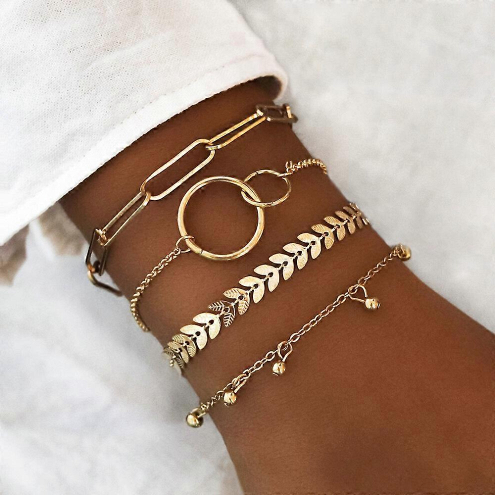 (As show, One size) Set of 4 bohemian style beaded bracelets, gold