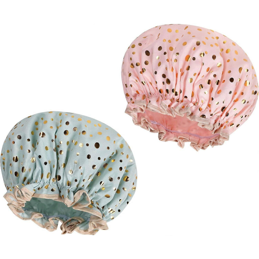 (As show, One size) Shower Cap, 2 Pieces Waterproof Shower Cap, Reusable Bath Caps with Elastic Bands for Women Girls Shower SPA Salon(A)