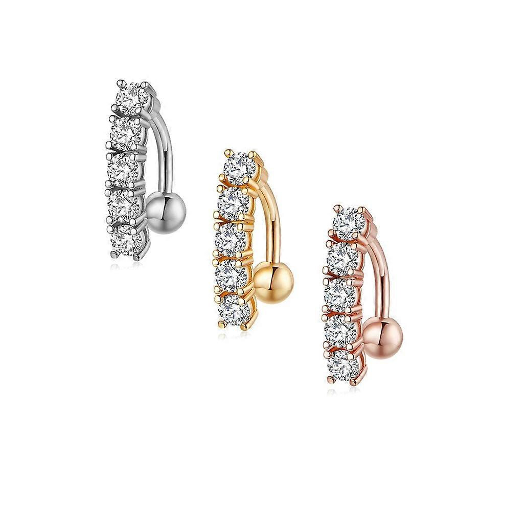 (As Show, One Size) 3Pcs 14G Triple Cz Inlaid Navel Piercing Surgical Steel Women Reverse Clear Cz Belly Piercing 10Mm Banana Barbell Piercing Silver
