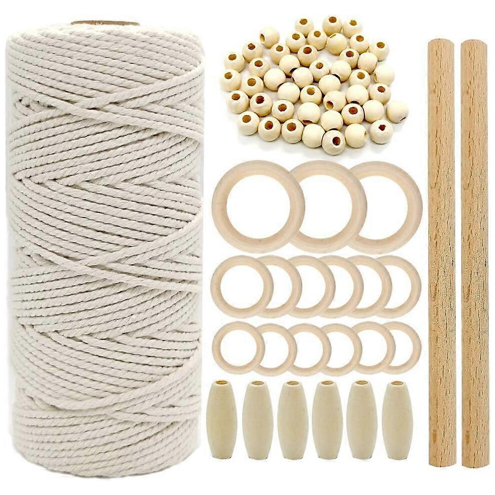 (As show, One size) Macrame Kit for Beginner 3mm Macrame Wire Macrame Rope 3mm Macrame Rope Cord for Macram Wooden Sticks Wooden Rings Wooden Beads for Hanging Plant DIY