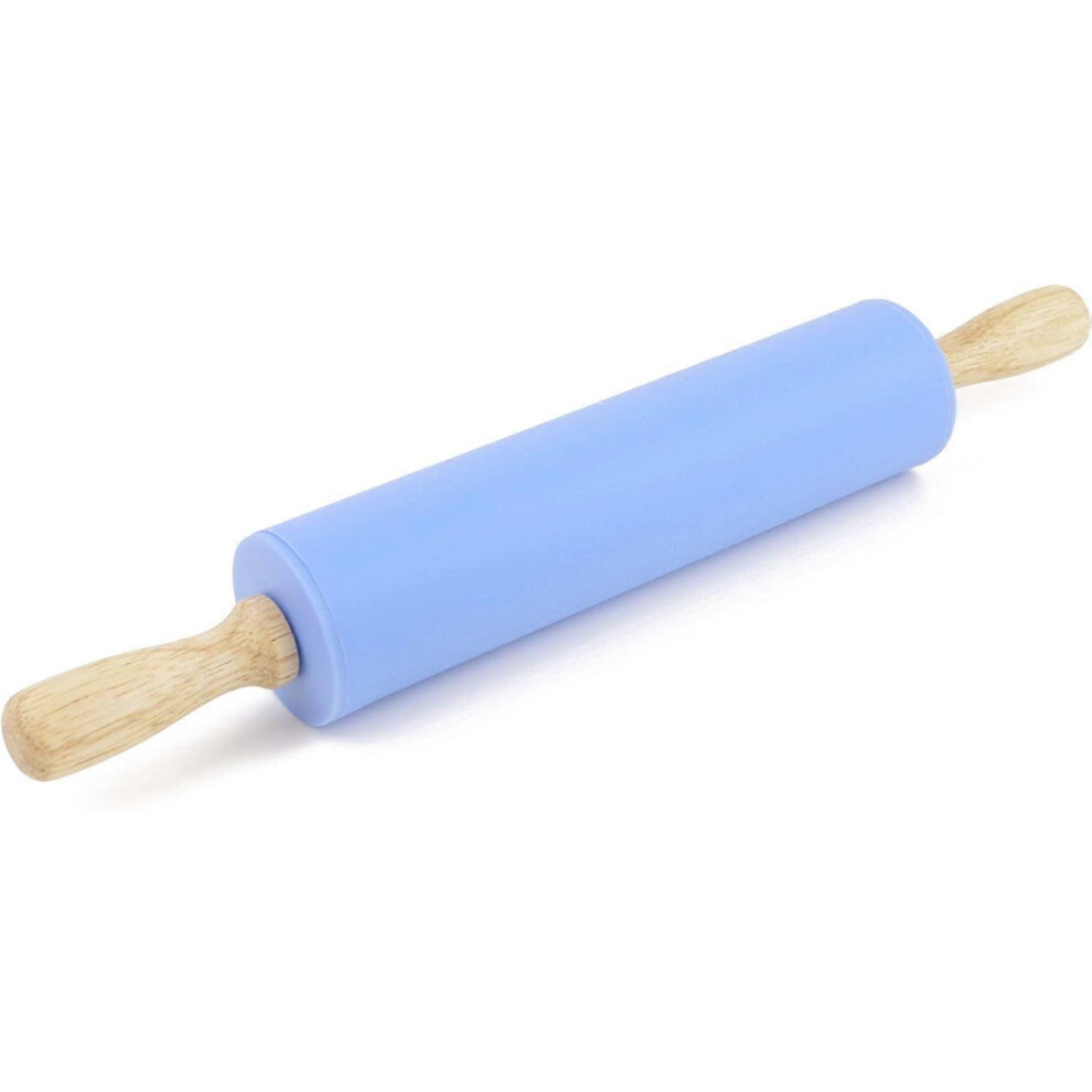 (As show, One size) Blue Rolling Pin Silicone Non-Stick Surface Wooden Handle
