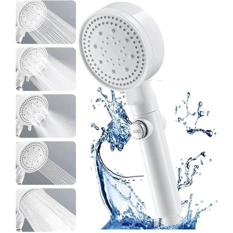 (As show, One size) White Water Saving Shower Head with Holder, Anti Limescale, High Pressure Hand Shower with 5 Modes, Massage Shower Head