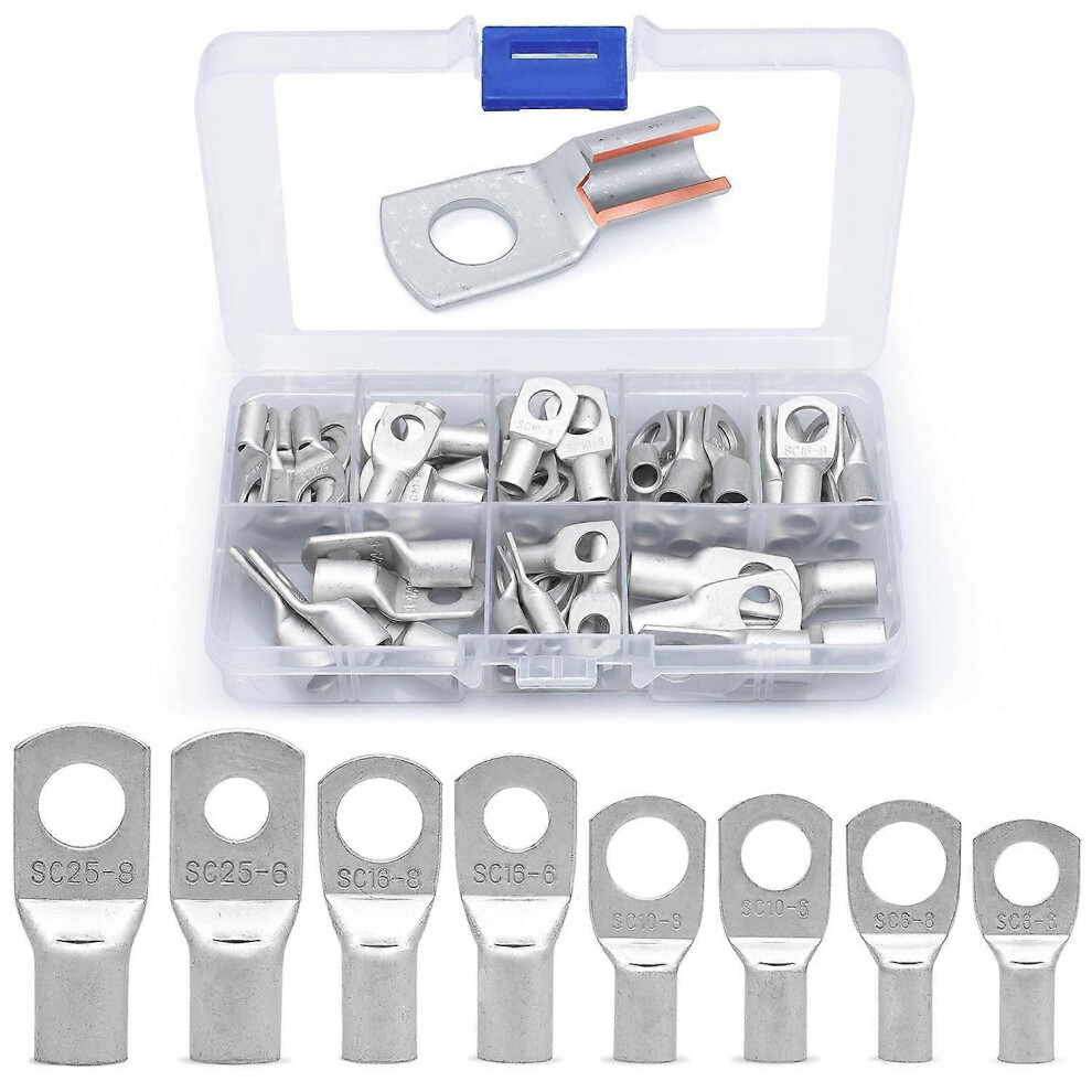 (As show, One size) 60 Pieces Round Tinned Copper Eyelet Electrical Terminals - Uninsulated Battery Cable Ends - Ring Eye Crimp Terminals - 6-25mm