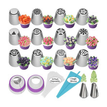 (As show, One size) Russian Piping Tips Set Including 12 Russian Cake Decorating Tips, 2 Flower Tips, 2 Couplers 10 Bags, 1 Icing Bag, Cake Decorating Tools