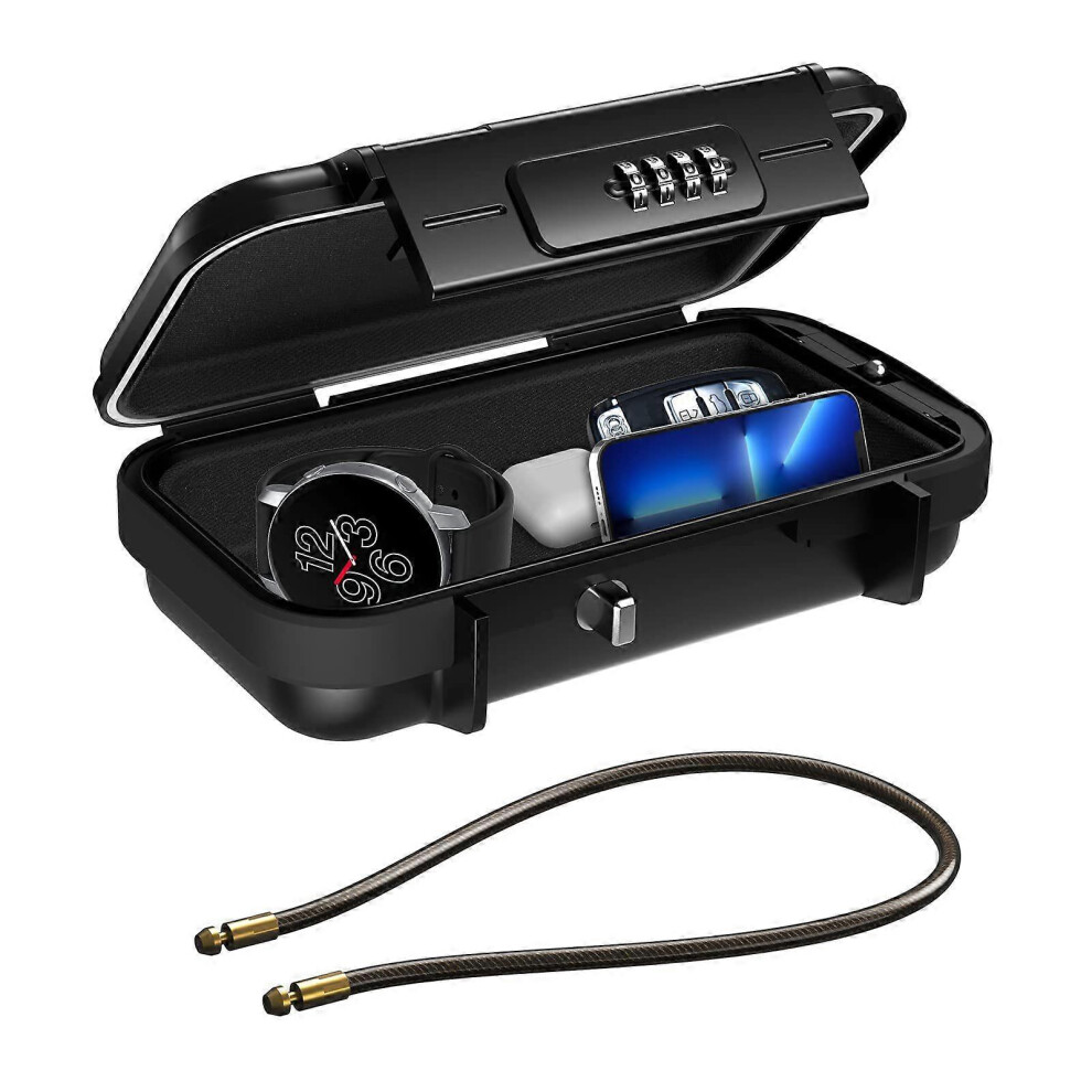 (As show, One size) Black, portable safe with number code, security box, outdoor safety safe, with wire rope, removable, waterproof key safe with combination, for travel,