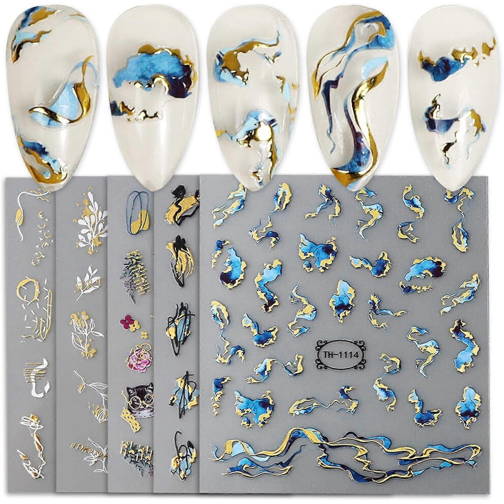 (As show, One size) 5 Sheets Nail Sticker Nail Art Nail Sticker Adhesive 3D Manicure Decoration (Golden Pattern)