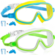 (Azul e Verde) Óculos de Natação Antiembaçante e Anti-UV, Pacote com 2 Óculos de Natação com Visão Ampla para Crianças de 3 a 14 Anos