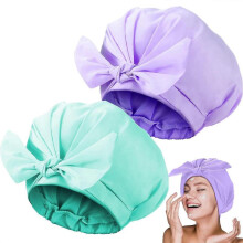 LINJOU 2 Pieces Shower Caps Adjustable Bow-knot Bath Hair Caps Reusable Waterproof(Cyan, Purple)