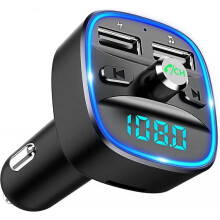 Bluetooth FM Transmitter for Car, Blue Ambient Ring Light Wireless Radio Car Receiver Adapter Kit with Hands-Free Calling (Black)