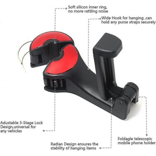 Headrest Bracket Car Hook, 2 in 1 Hook Mount Car Mobile Phone Bracket, Car Headrest Hook 1