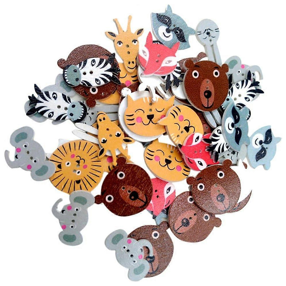 (As show, One size) Generic Buttons, acrylic50 mixed wooden buttons with animal heads for children on white background