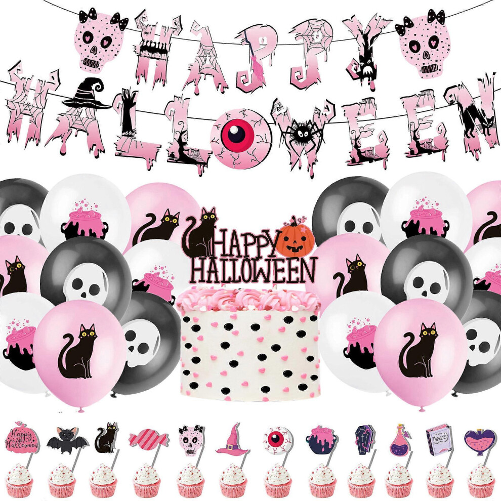 (As show, One size) Pink Skull Balloon Halloween Theme Party Black Cat Banner Pull Flag Cake Topper Exhaust Balloon Insert Decoration