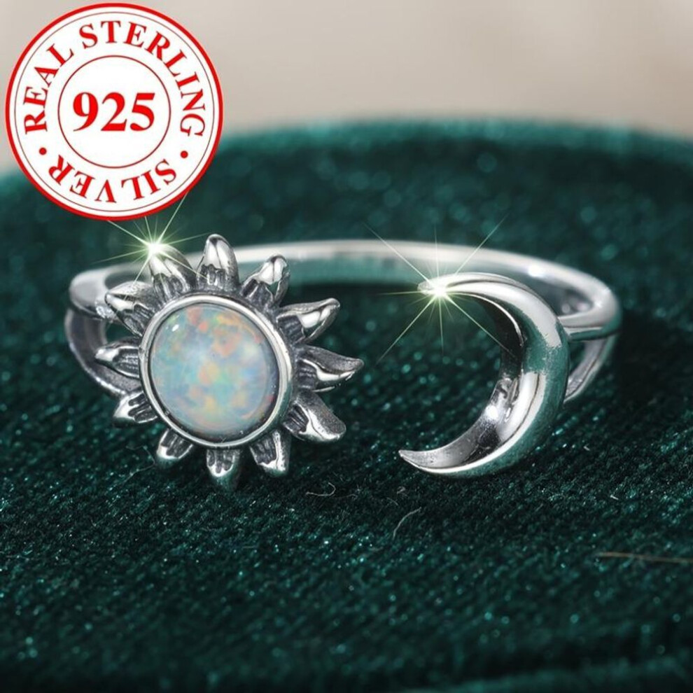 Real S925 Sterling Silver Natural White Fire Opal Ring Vintage Sun Moon Adjustable Rings For Women Wedding Party Jewelry Gifts