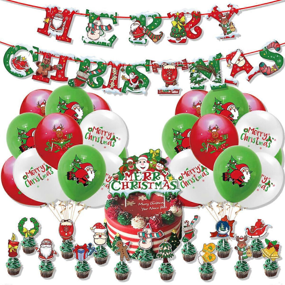(As show, One size) Santa Claus Snowman pulling flag cake plug-in balloons Party set