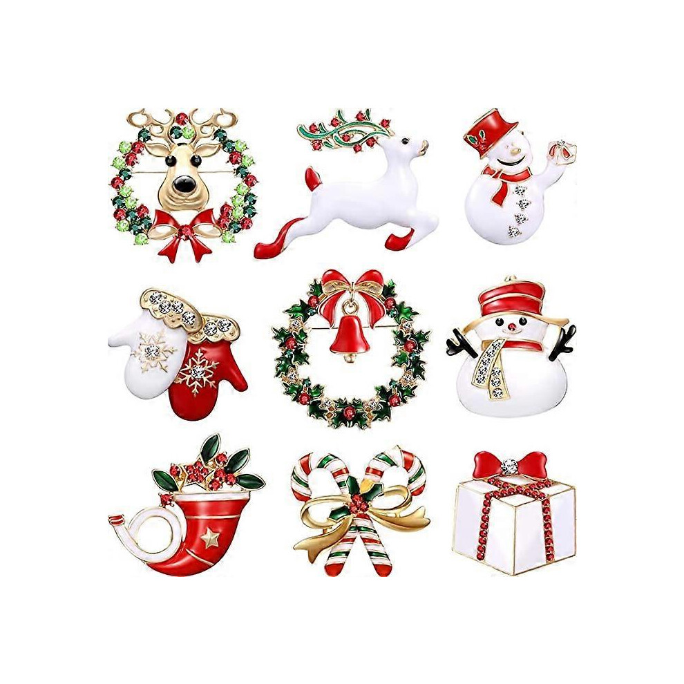 (As show, One size) 9 Pcs Christmas Brooches Set with Rhinestones for Women, Crystal Cute Enamel Pins Snowman Bells Christmas Trees Jewelry Pins for Christmas Decorations