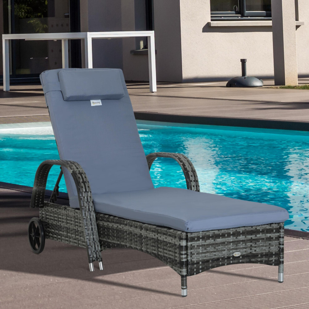 Outsunny Adjustable Wicker Rattan Sun Lounger Recliner Chair w/ Cushion Grey