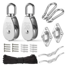 2 Pack M20 Stainless Steel Pulley System Kit-Heavy-Duty Pulley Wheel, Pulley Block with Nylon Rope, Hooks, Eye Pad Plate