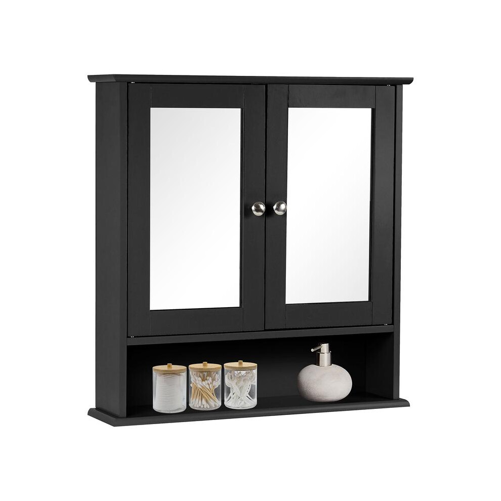 (Black) Double Door Mirrored Bathroom Cabinet Storage Cupboard Organiser Wall Mounted Mirror Cabinet with Adjustable Shelves, 56cm x 13cm x 58cm